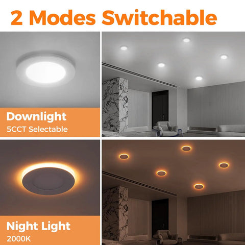 Two modes of 48 Pack 6 Inch Led Recessed Lights With Night Light shown in downlight and night light settings.