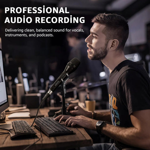Pro Grade Dynamic Handheld Vocal Microphone for Singing and Karaoke with user recording audio at computer