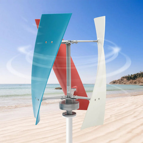 400W 12V Wind Turbine Kit With 3 Blades Vertical Helix Design, Charge Controller, IP67 Rated, shown on a beach for off-grid use.