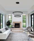 Two Ring Dimmable Black LED Chandelier With Remote Control, Large Circular Pendant Light in modern living room setting