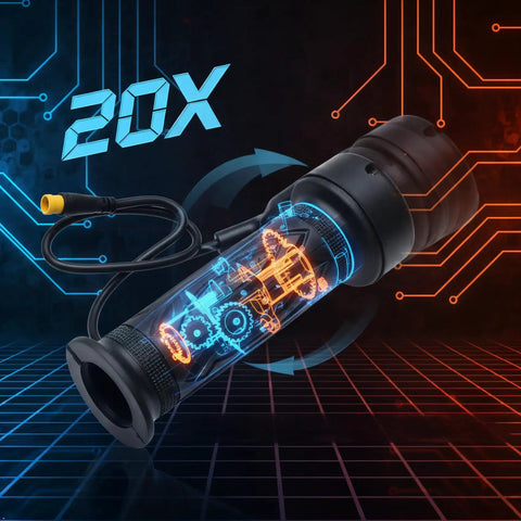 Full Twist Ebike Throttle Grip 12V To 72V With 3 Pin Waterproof Connector, detailed gear design, futuristic background