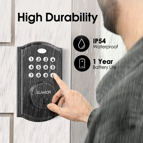 Person using Keyless Entry Electronic Deadbolt Lock With Keypad Black 50 User Codes Alarm Auto Lock Battery Indicator in rain