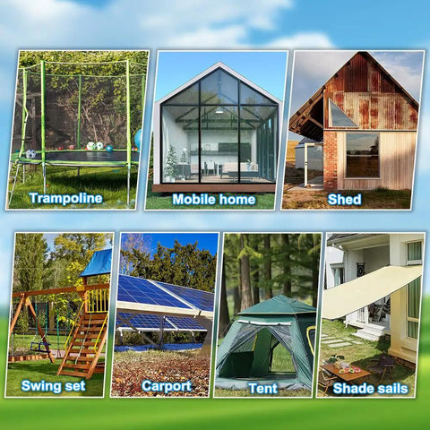 Image displaying various uses of Rock Solid 18 Inch Heavy Duty Ground Anchors for trampoline, shed, tent, and mobile home.