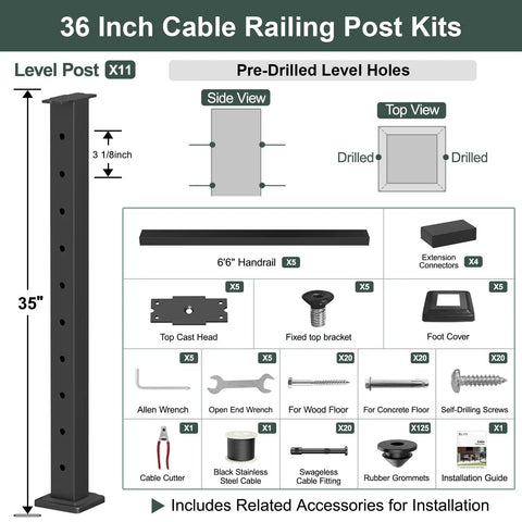 36 Inch Cable Railing Post Kits featuring pre-drilled holes and included accessories for Kick Your Deck Up A Notch With This Straightforward Surface Mount Cable Railing Kit Covering 26 To 32 Feet Black Powder Coated Stainless Steel Posts Pre Drilled For Dead Simple Installation And Heavy Duty Swageless Tensioners.