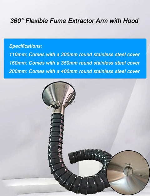 Heavy Duty Articulated Dust Pickup Arm With Flex Suction Hood For Welding Smoke And Shop Fumes 200mm Diameter 150cm Long with stainless steel hood.