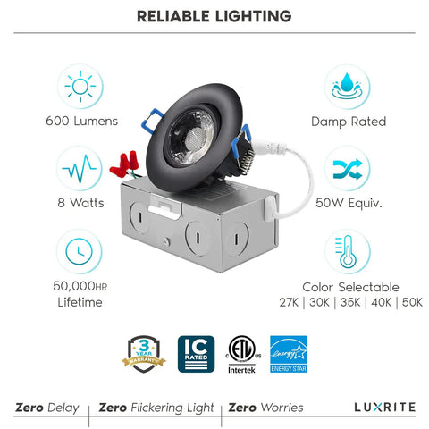 4 Pack 3 Inch Adjustable LED Gimbal Recessed Lighting With J Box Dimmable Canless Downlights 3000K 4000K 5000K Color