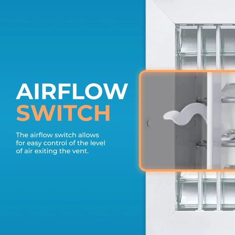 Premium 30 By 6 Inch Wall Vent Cover With Multi Shutter Damper And Adjustable Front Blades In Rustproof Aluminum White Finish Built To Last HVAC Air Return Grille showing airflow switch.