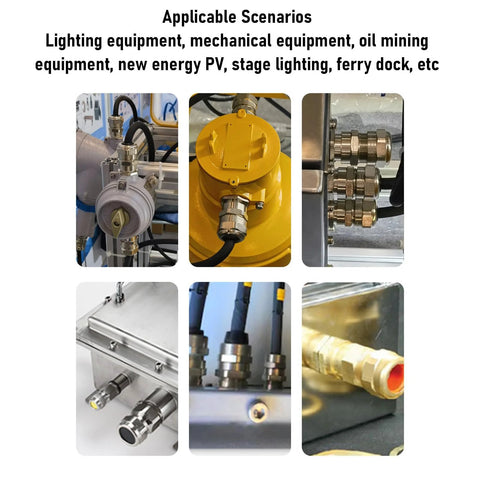 Six-view collage of 304 stainless steel armored cable glands with dual seals for electrical junction boxes