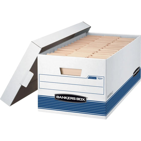 No Sweat 4 Pack Medium Duty File Storage Boxes Letter Size Organizers With Lids Stackable Corrugate Document Holders Quick Pop Up Design, open box with documents.
