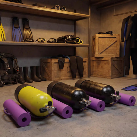 Collapsible Scuba Tank Holder With Rope Ladder Design Holds Up To 3 Air Cylinders in garage with dive gear and storage boxes