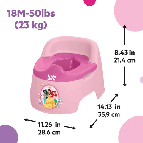 Disney Princess Toddler Potty Training Seat Big Kid Leap With Removable Bowl Splash Guard Super Comfy High Back Support For Tiny Humans Up To Fifty Pounds No Sweat Cleanup Kid Approved showing measurements and design.