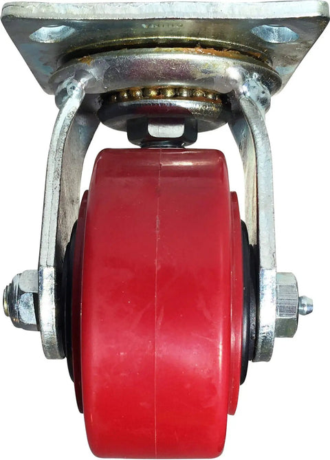 Heavy Duty Workhorse 4 Inch Swivel Polyurethane Caster With A Rock Solid 600 Lb Load Rating, red tread visible for garage carts.