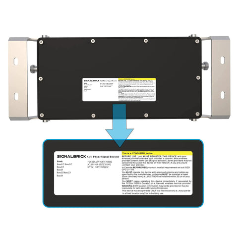Heavy Duty Cell Phone Signal Booster with mounting bracket, labeled for installation instructions and specifications for buildings up to 12000 sq ft.
