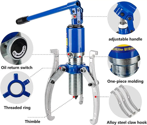 Adjustable Hydraulic Gear Puller For Vertical And Horizontal Use, Two And Three Jaw Configurations, showing details like handle and switch.