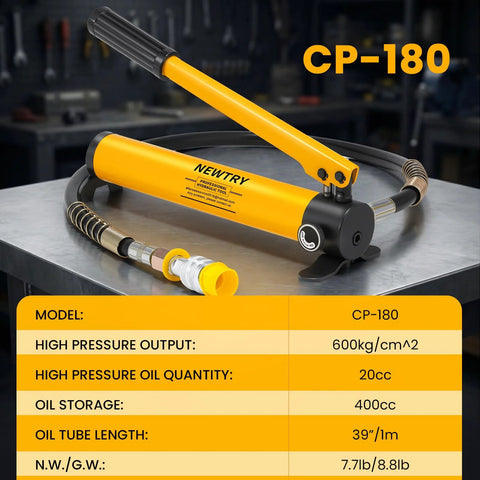 NEWTRY 20-ton low-profile hydraulic porta-power kit with CP-180 hand pump, yellow cylinder and coiled hose.