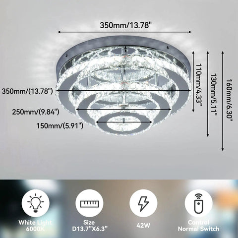 3 Tier Crystal Chandelier LED Flush Mount Ceiling Light 13.8 Inch Round Fixture for Bedroom Dining Living Room Cool White 6000K 42W K9 Crystal with Stainless Steel Finish Ideal for Modern Homes and Entertaining, showing dimensions and features.