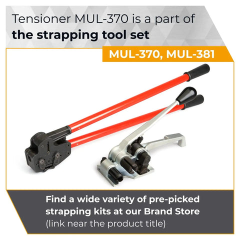 Heavy Duty Tensioner For Wide PET Strapping Featuring Patented Vertical Gripper Design Rock Solid Construction showing black and silver strapping tools.