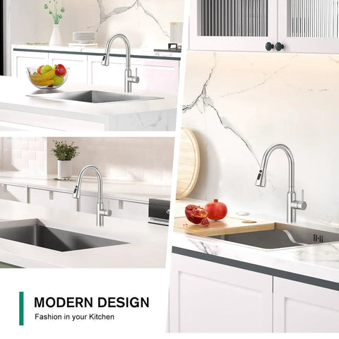 Modern kitchen with Brushed Nickel Kitchen Faucet With Pull Down Sprayer, Small High Arc, RV Ready, Stainless Steel Single Handle Pull Down Faucet