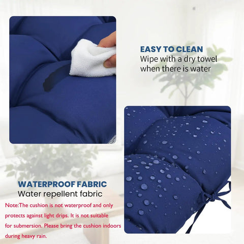 Close-up of Egg Chair Cushion Replacement For Outdoor Hanging Chairs 47x35x7 Inches Blue Ultra Cozy Thick 6 Inch Cushion with water repel demo.