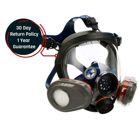 Side view of industrial-grade full face respirator mask with anti-fog lens, bayonet filter compatibility, adjustable straps visible.