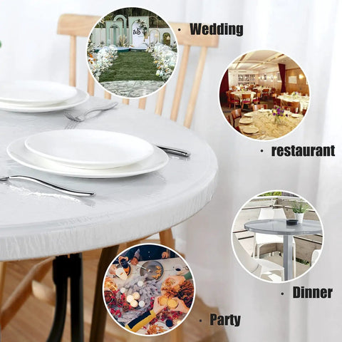 Round Waterproof Table Cover With Elastic Edges Fitted Vinyl Tablecloth Clear For 45 To 56 Inch Round Tables Stays Put No Clips Needed Windproof And Spill Resistant Table Protector For Any Event in use at a wedding, restaurant, dinner, and party.