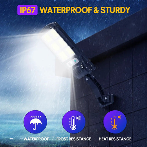 Solar Powered Motion Sensor Outdoor Lights 6000 Lumens LED IP67 Waterproof Wall Lights illuminating wall in rain