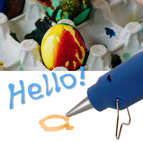 Colored Glitter Hot Melt Glue Sticks Set in 14 Colors used with glue gun and decorated egg, highlighting quick drying use