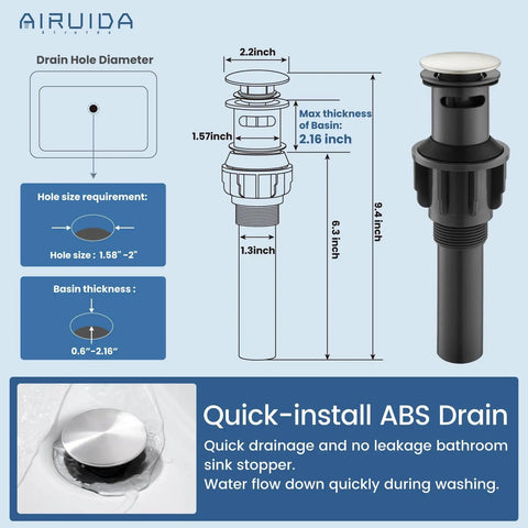 Diagram of quick-install ABS drain with measurements, part of the Single Hole Bathroom Faucet With 360 Degree Swivel Spout.