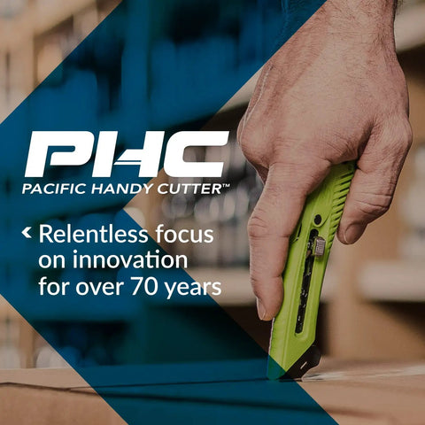 Hand holding green utility knife by Pacific Handy Cutter in warehouse setting with text about innovation.