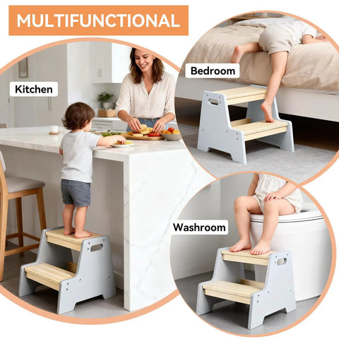 Rock Solid Wood Two Tier Step Stool For Kids Built Tough With Slip Secure Bottom Pads For Bathroom Sink And Kitchen Counter Toddler Ladder Kid tested in kitchen, bedroom, and washroom.