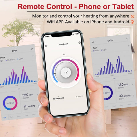 Hand holding smartphone controlling 15 Sq Ft Electric Radiant Floor Heating Kit For Under Tile Stone And Laminate 110V System