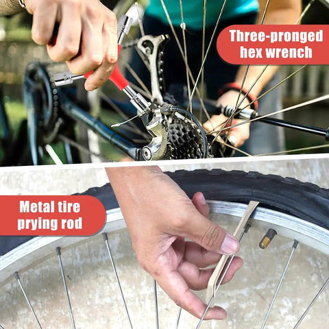 No Sweat Road Warrior Bike Repair Kit featuring three-pronged hex wrench and metal tire prying rod for bike maintenance.