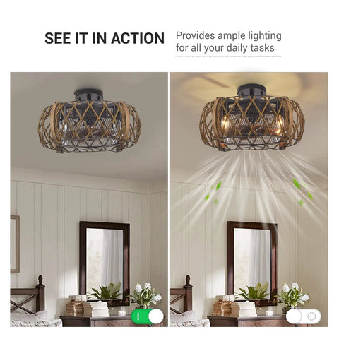 Industrial Farmhouse 17 Inch Black Caged Ceiling Fan With Remote Light Kit in action, showing lighting and airflow in a bedroom setting