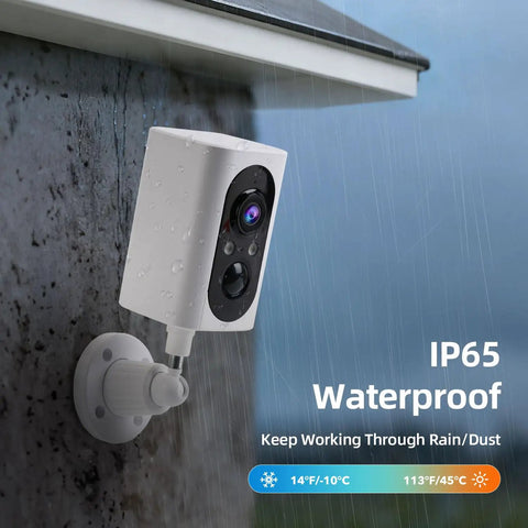 Wireless Outdoor Security Camera Set With 355 Degree Pan 2K Color Night Vision Battery Powered WiFi Enabled Motion Detection Two Way Talk IP65 Weatherproof Spotlight Siren SD Cloud Storage 2 Pack No-Hassle Setup installed on an exterior wall in rain.