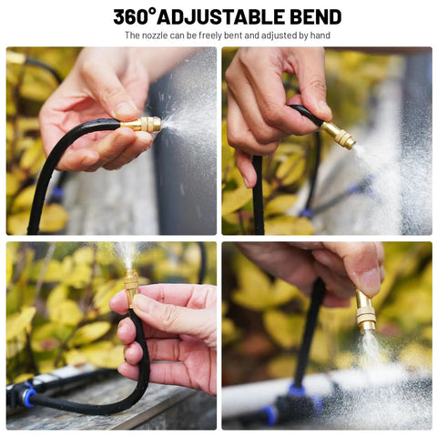 Hands adjusting 360 Degree Adjustable Drip Irrigation System Kit With 50 Ft Of 5/16 Inch Tubing, spraying water in garden