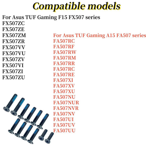 Professional Grade Black Bottom Case Screws For Asus Tuf Gaming A15 F15 Fa507 Fx507 Notebook Assembly Kit showing compatible models list.
