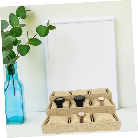 Multi Grid Watch Organizer Tray With Linen Padded Sections Perfect Jewelry Display Stand For Rings And Bracelets with watches arranged.
