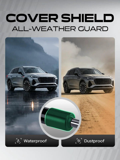 Cover Shield all-weather car cover shown in rain and dust conditions highlighting waterproof and dustproof features
