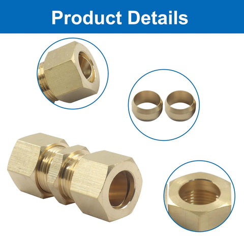 Five brass compression tube fittings with union connectors, 1/2 in OD to 1/2 in OD, includes two ferrule rings