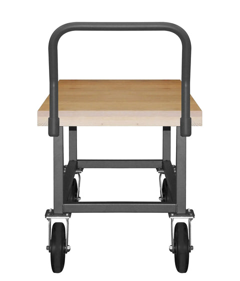 14 Gauge Steel Platform Hand Truck With Smooth Rolling Rubber Casters Spacious 30 By 63 Inch Deck viewed from the back, heavy duty utility cart.