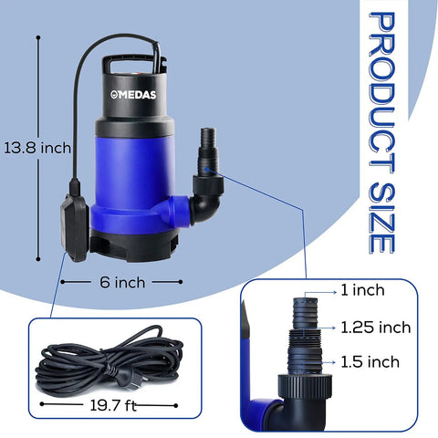Beefy Heavy Duty Submersible Sump Pump With Float Switch 1HP 750W 3170 GPH, showing dimensions and hose connectors
