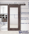 Top Mount Sliding Barn Door Hardware Kit In Stainless Steel, 6 Feet Track, shown installed on 36 inch door, fit details.