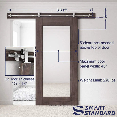 Top Mount Sliding Barn Door Hardware Kit In Stainless Steel, 6 Feet Track, shown installed on 36 inch door, fit details.