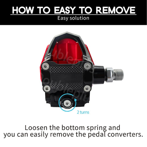Back view of pedal showing removal instructions for Pedal Adapter For Regular Shoes On Peloton Bikes, Easy Clipless Look Delta Converter