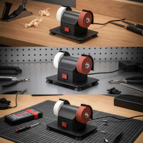 Compact Bench Grinder With Two Wheels For Polishing And Cutting, Featuring Pure Copper Motor Windings, Anti Slip Feet, And Corded Electric Power on a workbench.