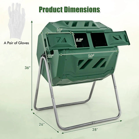 Outdoor 42 Gallon Dual Chamber Compost Tumbling Bin With 360 Degree Rotating Barrel Heavy Duty Metal Frame BPA Free Two Sliding Doors