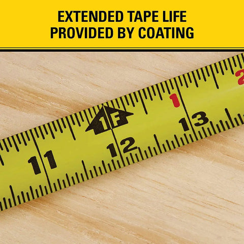 Close-up of Heavy Duty Silver Tape Measure With Durable Metal Case And Long Lasting Mylar Blade Twelve Feet By Three Quarter Inch Pro Grade showing measurements.