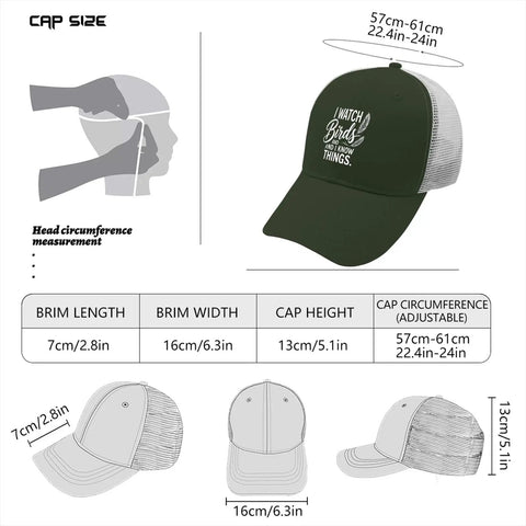 I Watch Birds And I Know Things Womens Adjustable Trucker Hat Army Green With Custom Design size guide and measurements