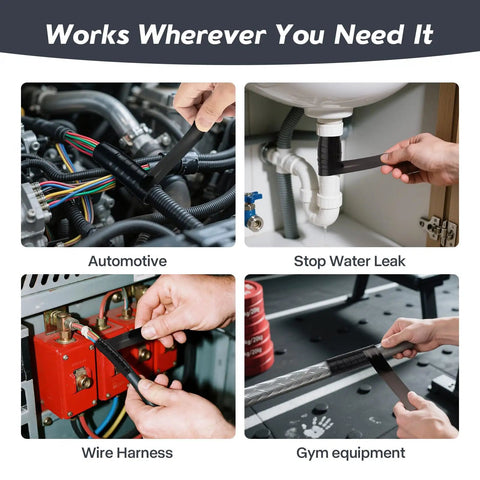 Self Fusing Silicone Tape For Quick Emergency Fix 1 Inch By 36 Foot 20 Mil Black Waterproof Heat Resistant Insulating Electrical Tape That Sticks To Itself No Residue No Mess For Automotive Electrical And Outdoor Use shown in various repair applications