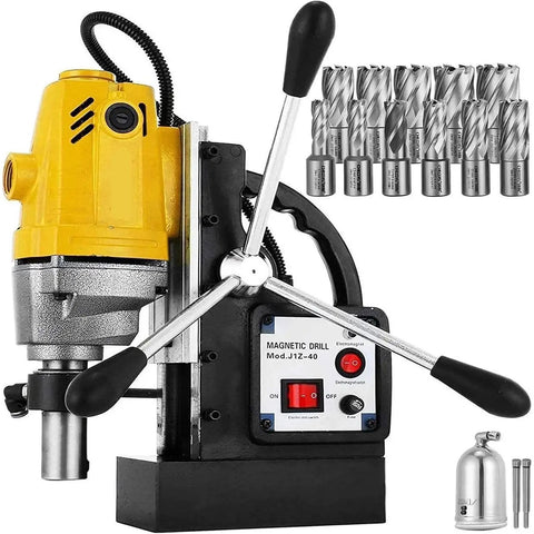 Portable Magnetic Drill Press 1100W with 1.5 Inch Boring Capacity and 2700LBS Magnetic Pull for Metalwork, heavy-duty construction, drill bits included.